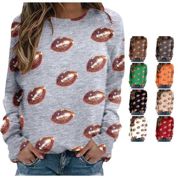 Huowey Women Glitter Football All Over Print Crewneck Sweatshirt Long Sleeve Soft Loose Casual Game Pullover Tops,Light Gray,S