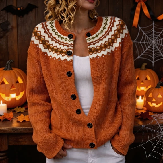 Huowey Women Halloween Cardigan Sweaters Fair Isle Knit Button Up Cardigans Long Sleeve Crew Neck Stylish Festival Coats,Orange,S