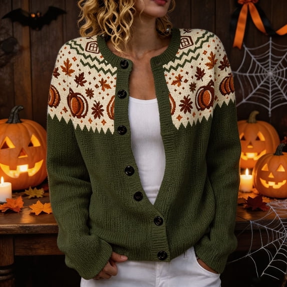 Huowey Women Halloween Cardigan Sweaters Pumpkin Pattern Knit Button Up Cardigans Long Sleeve Crew Neck Stylish Festival Coats,Army Green,XXXL