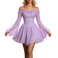 thumbnail image 1 of Huowey Women Halloween Costume Fairy Renaissance Elf Dresses Off Shoulder Bohemian Cosplay Party Gown Long Sleeve Spaghetti Strap Eye-Catching Trick Or Treat Dress,Light Purple,XL, 1 of 8