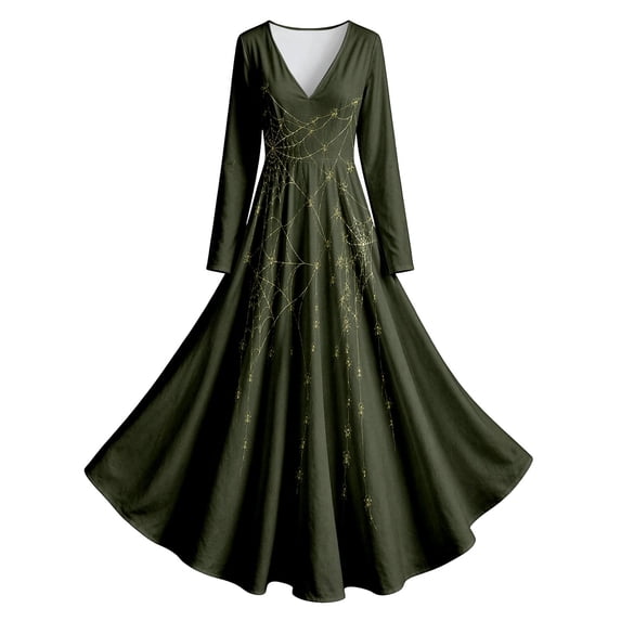 Huowey Women Halloween Witch Gothic Skeleton Dresses Flowy Elegant Cosplay Party Gown Long Sleeve V-Neck Eye-Catching Photo Dress,Green,S