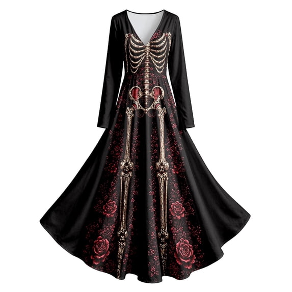 Huowey Women Halloween Witch Gothic Skeleton Dresses Flowy Elegant Cosplay Party Gown Long Sleeve V-Neck Soft Photo Dress,,S