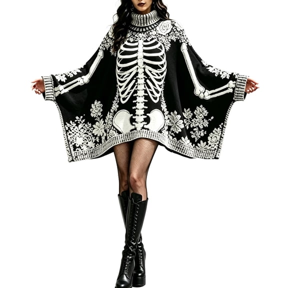 Huowey Women Halloween Witch Gothic Skeleton Poncho Knitted Dresses Cosplay Party Loose Fit Long Sleeve High Neck Trendy Photo Dress,Black,L