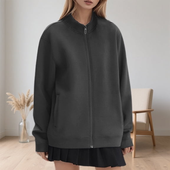 Huowey Women Jacket Casual Fall Winter Relaxed Loose Fit Heavyweight Sweatshirt Long Sleeve Plus Size Zip Up Coats Windproof Stand Collar Streetwear,Grey,L