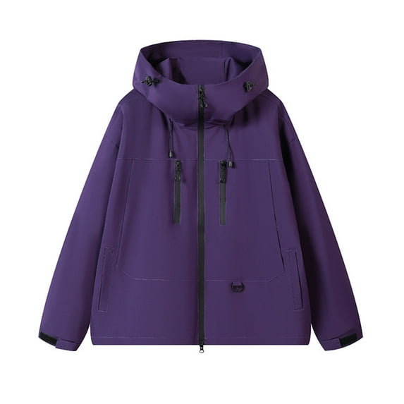 Huowey Women Jacket Oversized Loose Fit Lightweight Windproof Hooded Raincoat Long Sleeve Zip Up Outdoor Casual Workwear Solid Color Outwear,Dark Purple,S