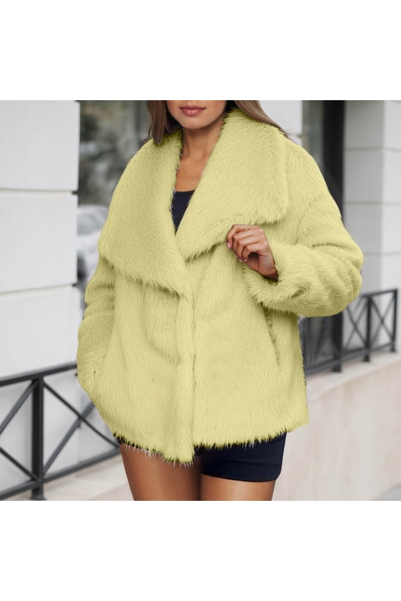 Women Jacket Winter Warm Thickened Leather Coat Turndown Collar Long Sleeve Fuzzy Short Tops Outerwear Winter Warmth Comfort Streetwear,Yellow,M