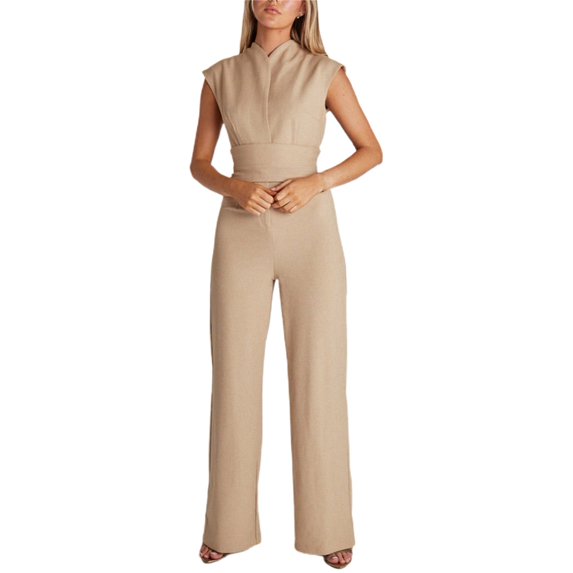 Huowey Women Jumpsuit Outfits Solid Color Sleeveless Fashionable Dressy Casual One Piece High Waist Wide Leg Summer Breathable Jumpers Vacation Overalls Romper,A,S