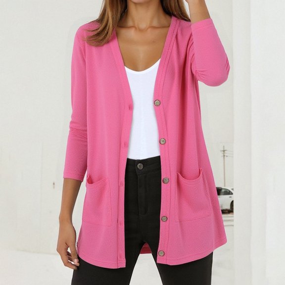 Huowey Women Knitted Cardigan Open Front Solid Color Long Sleeve Plus Size Jacket Women'S V Neck Lightweight Soft Cover Up Casual Loose Fit Outwear,Hot Pink,Xl