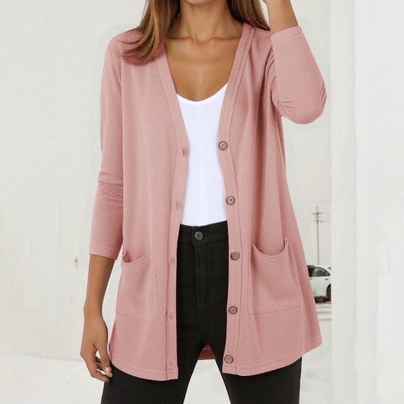 Huowey Women Knitted Cardigan Open Front Solid Color Long Sleeve Plus Size Jacket Women'S V Neck Lightweight Soft Cover Up Casual Loose Fit Outwear,Pink,Xl