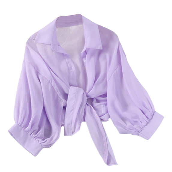 Huowey Women Long Sleeve Swimwear Shirt Cover Up Button Down Turndown Collar Crop Top Summer Loose Sunscreen Clothing Garment Fashionable Cozy Sun Protection Beachwear,Purple,S