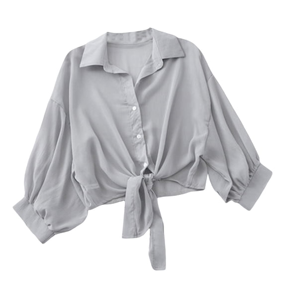 Huowey Women Long Sleeve Swimwear Shirt Cover Up Button Down Turndown Collar Crop Top Summer Loose Sunscreen Clothing Garment Fashionable Cozy Sun Protection Beachwear,Gray,M