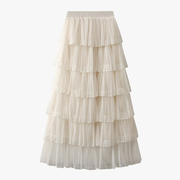 Huowey Women Long Tiered Skirt Solid Color Elastic High Waist Mesh Tutu Dancewear A Line Tulle Layered Flowy Ruffle Maxi Skirt Petticoat For Wedding Holiday Party Dailywear,Beige,One Size