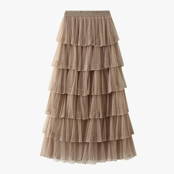 Huowey Women Long Tiered Skirt Solid Color Elastic High Waist Mesh Tutu Dancewear A Line Tulle Layered Flowy Ruffle Maxi Skirt Petticoat For Wedding Holiday Party Dailywear,Khaki,One Size