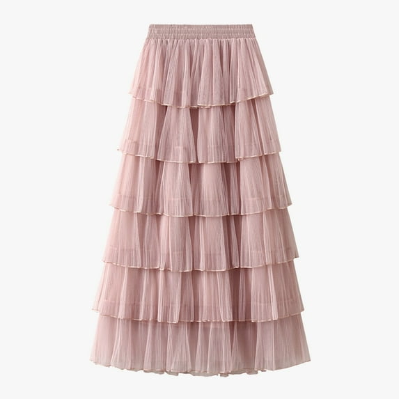 Huowey Women Long Tiered Skirt Solid Color Elastic High Waist Mesh Tutu Dancewear A Line Tulle Layered Flowy Ruffle Maxi Skirt Petticoat For Wedding Holiday Party Dailywear,Pink,One Size