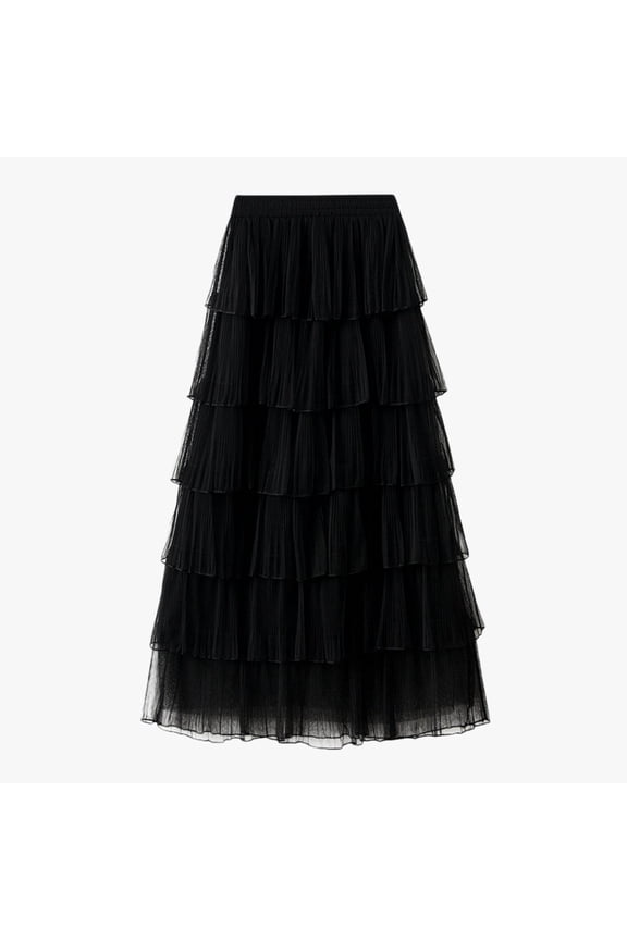 Women Long Tiered Skirt Solid Color Elastic High Waist Mesh Tutu Dancewear A Line Tulle Layered Flowy Ruffle Maxi Skirt Petticoat For Wedding Holiday Party Dailywear,Black,One Size