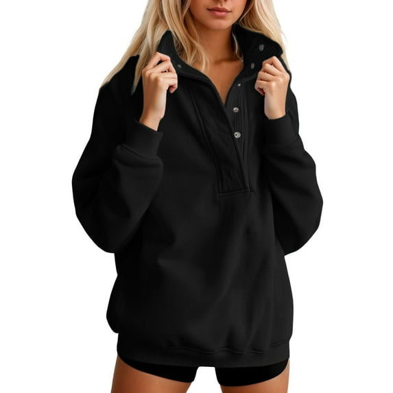 Huowey Women Loose Sweatshirt Solid Color Quarter Button Down Long Sleeve Coat Casual Stand Collar Pullover Sweatshirt Top Soft Comfortable Blouse Streetwear