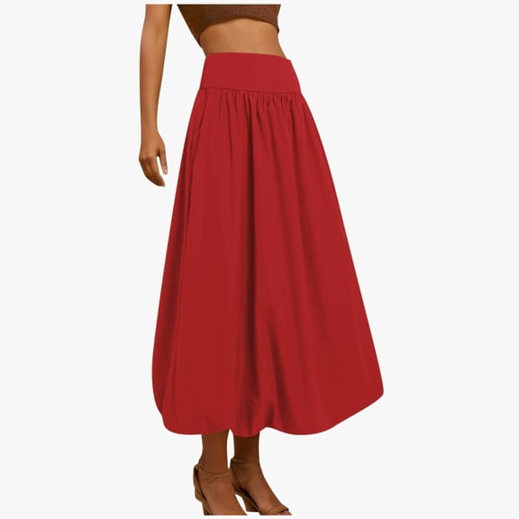 Huowey Women Maxi Bubble Skirt Solid Color Ruffle Casual Trendy Long Skirt Elastic Waist Aline Balloon Pleated Midi Skirts With Pockets Loose Fit Casual Spring Dailywear,RD2,S