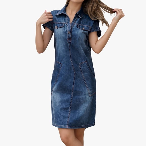 Huowey Women Mid Length Denim Dress Straight A-line V Neck Turndown Collar Short Sleeved With Pockets Slim Fit Vintage Patchwork Casual Jean Dresses,Blue,M