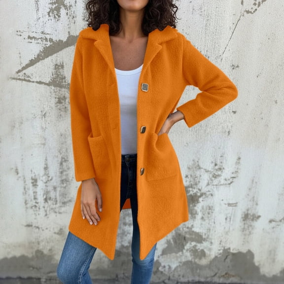 Huowey Women Overcoat Long Length Plus Size Button Down Turndown Collar Solid Color Jacket Long Sleeve With Pockets Fall Winter Casual Outerwear,Orange,XXXXXL