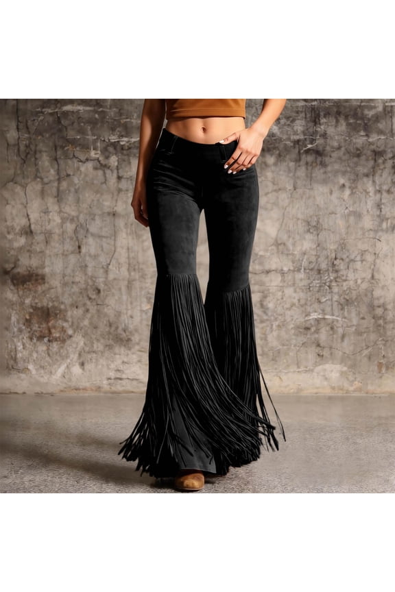 Women Pants Retro Western Fringe Bottom Flared Pants Solid Color Slim Fit High Waist Soft Trousers Casual Boho Bottoms Fashionable Comfortable Stylish Clubwear,Black,M