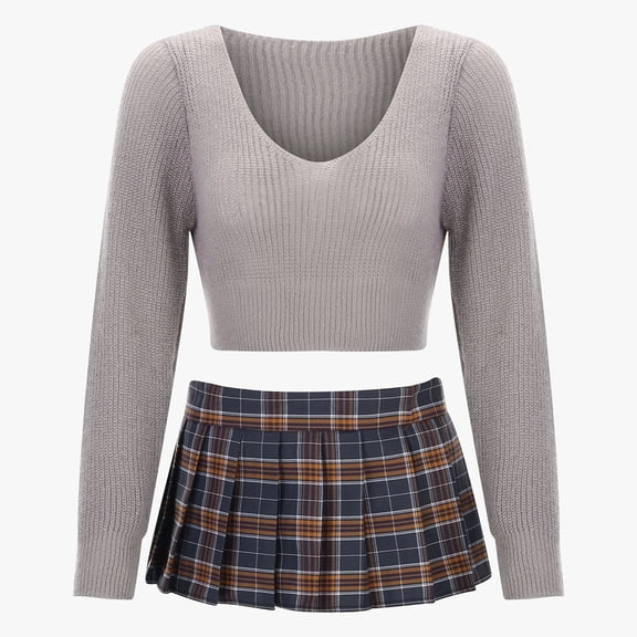 Huowey Women Plaid Pleated Skirt Set Solid Color Knit Scoop Neck Long Sleeve Pullover Top With Fashionable Classic Skirts Stylish Elegant Uniform Outfit Outwear,Grey,One Size