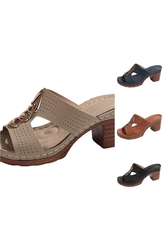 Women Platform Sandals Hollow Out Slide Metal Chain Open Toe Thicken High Heel On Insole Lightweight Casual Summer Walking Comfort Dress Shoes,Khaki,6.5