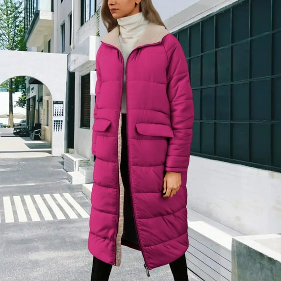 Huowey Women Puffer Jacket Long Quilted Oversized Winter Coat Womens Fashion Hooded Long Sleeve Zip Up Front Pocket Solid Color Slim Fit Padded Overcoat,Red,L