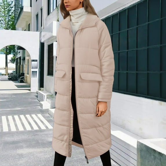 Huowey Women Puffer Jacket Long Quilted Oversized Winter Coat Womens Fashion Hooded Long Sleeve Zip Up Front Pocket Solid Color Slim Fit Padded Overcoat,Beige,L
