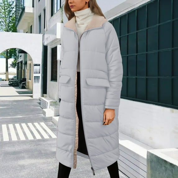 Huowey Women Puffer Jacket Long Quilted Oversized Winter Coat Womens Fashion Hooded Long Sleeve Zip Up Front Pocket Solid Color Slim Fit Padded Overcoat,Silver,Xxxl