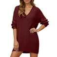 thumbnail image 1 of Huowey Women Ribbed Knit Sweater Dress Casual V Neck Long Sleeve Pullover Relaxed Loose Fit Elegant Dresses Above Knee Length For Winter Oversized Dailywear, 1 of 6