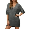 thumbnail image 1 of Huowey Women Ribbed Knit Sweater Dress Casual V Neck Long Sleeve Pullover Relaxed Loose Fit Elegant Dresses Above Knee Length For Winter Oversized Dailywear, 1 of 6