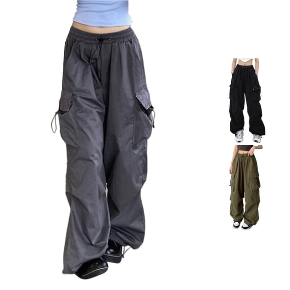 Huowey Women'S Baggy Cargo Pants Wide Leg Hiking Pants With Pockets Drawstring Casual Daily Stylish Streetwear Trousers,Grey,XXXXL