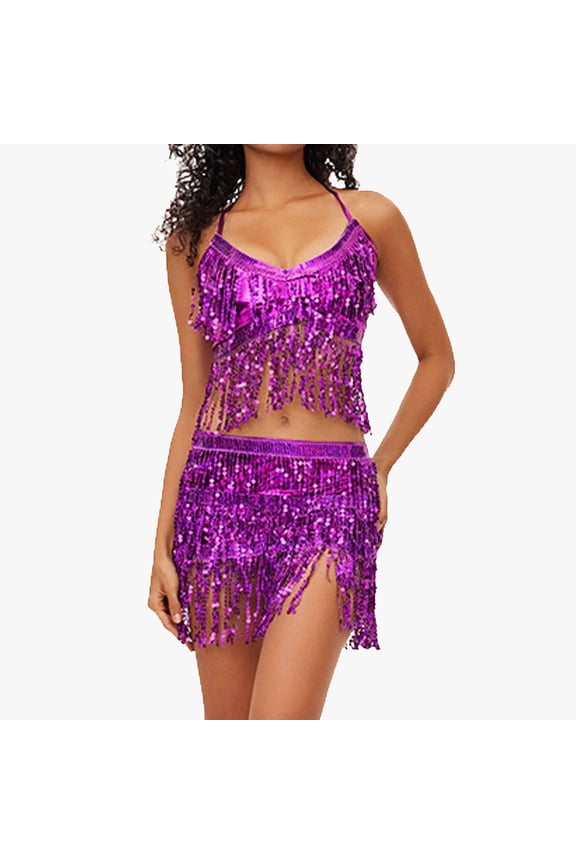Women'S Belly Sequin Dancewear Bra Top Solid Color Sleeveless Halter V-Neck Fringe Crop Top Tank Sparkly Glitter Camisole Party Clubwear,Purple,One Size