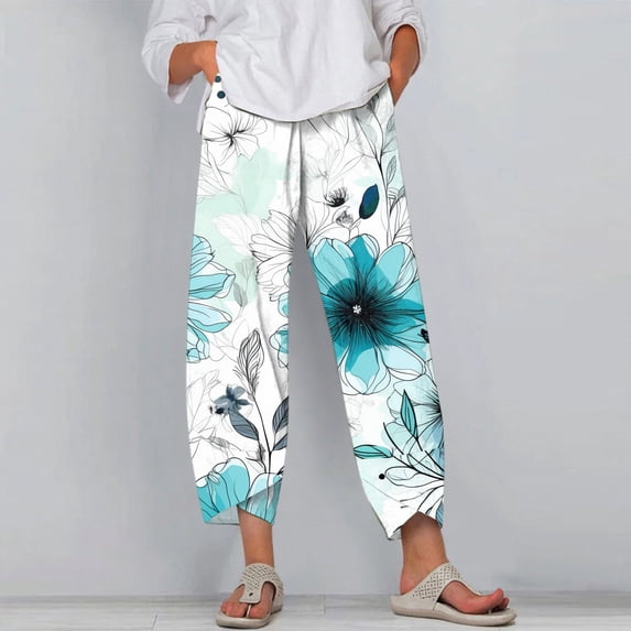 Huowey Women'S Capris Pants Casual Summer Tie Dye Printed Wide Leg Breathable Comfortable Loose Trousers With Pockets Quickly Dry Baggy Trousers Stylish Joggers,Mint Green,XXL