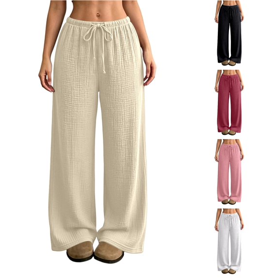 Huowey Women'S Casual Pants Baggy Wide Leg Low Rise Pants With Pocket Drawstring Daily Stylish Travel Bottoms,Beige,L