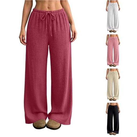 Huowey Women'S Casual Pants Baggy Wide Leg Low Rise Pants With Pocket Drawstring Daily Stylish Travel Bottoms,M
