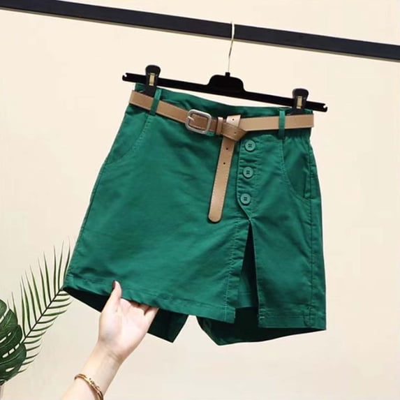 Huowey Women'S Casual Short Skorts High Waist Solid Color Button Side Slit Lightweight Wide Leg Denim Shorts Fashionable Summer Stylish Breathable Shorts Dailywear,Green,XXXL