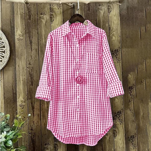Huowey Women'S Classic Plaid Shirts Long Sleeve Button Down Casual Linen Turndown Collar Front Pocket Retro Long Shirt Oversized Fashionable Blouse Vacation Trendy,Pink,L