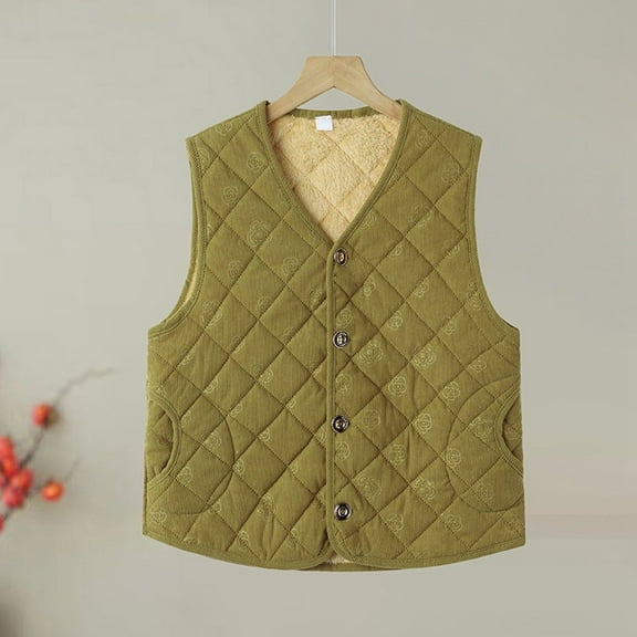 Huowey Women'S Coats, Jackets & Vests Quilted Vest Thickened Warm Sleeveless Button Down Jacket Solid Color V-Neck Casual Waistcoat With Pockets Fall Fashion Outfit,Dark Green,Xxl