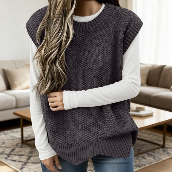 Huowey Women'S Coats, Jackets & Vests Ribbed Knit Vest Oversized Round Neck Pullover Sleeveless Sweater Casual Solid Color Loose Layering Piece Cozy Outwear Tops Winter Clothes,Grey,One Size