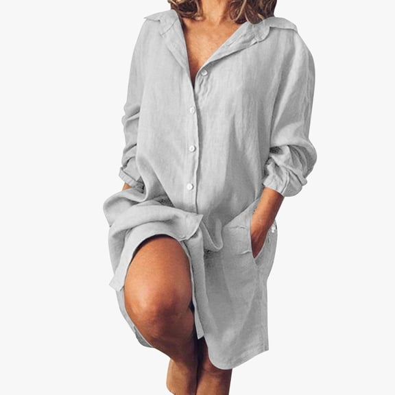 Huowey Women'S Comfortable Cozy Shirt Dress Short Sleeve Button Down Casual Solid Color Mid Length Relaxed Fit Loose Shirt With Pockets Breathable Casual Dress,Grey,L