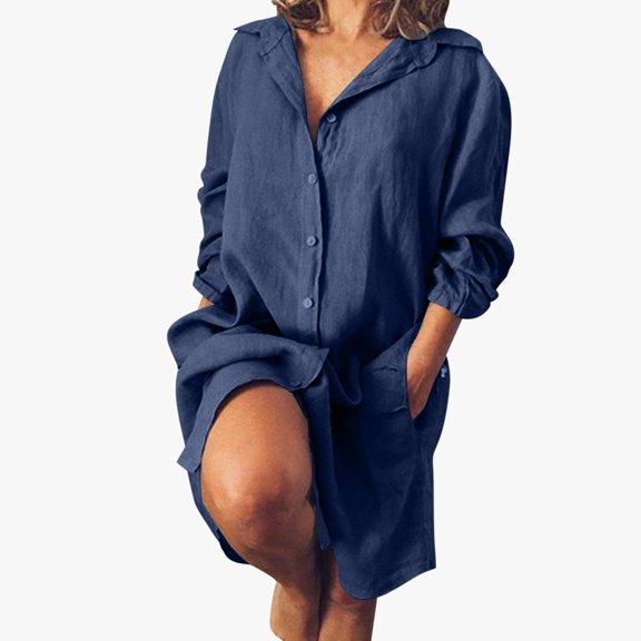 Huowey Women'S Comfortable Cozy Shirt Dress Short Sleeve Button Down Casual Solid Color Mid Length Relaxed Fit Loose Shirt With Pockets Breathable Casual Dress,Navy,S