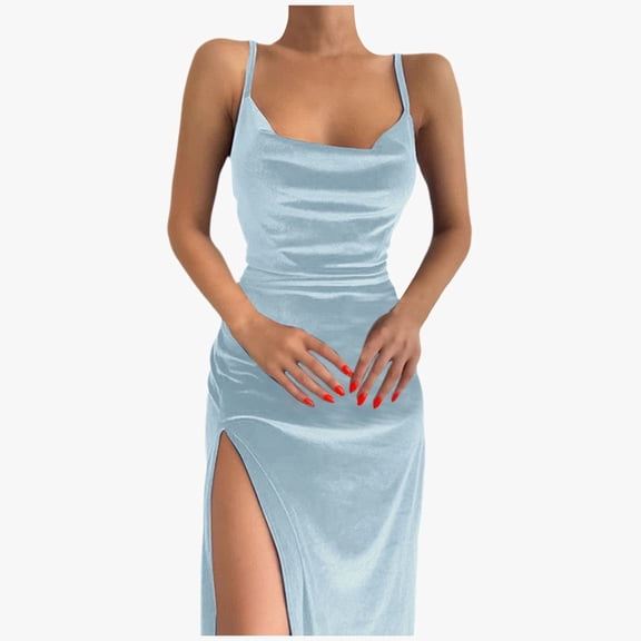 Huowey Women'S Dress Elegant Solid Color Spaghetti Strap Sleeveless V-Neck Ruched High Split Fashionable Slim Fit Trendy Bodycon Party Long Dresses,BU1,M