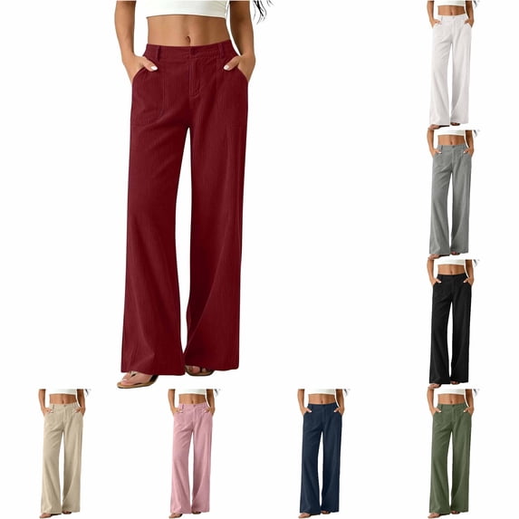 Huowey Women'S Dress Pants Casual Baggy Wide Leg Suit Business Work Pants With Pocket Zipper Button Daily Stylish Formal Trousers,M