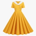 thumbnail image 1 of Huowey Women'S Dress Peter Pan Collar V Neck Short Sleeved Double- High Waist Ruffle Solid Color Retro A-Line Flare Skater Stylish Flowy Long Uniform Dresses,Yellow,M, 1 of 4