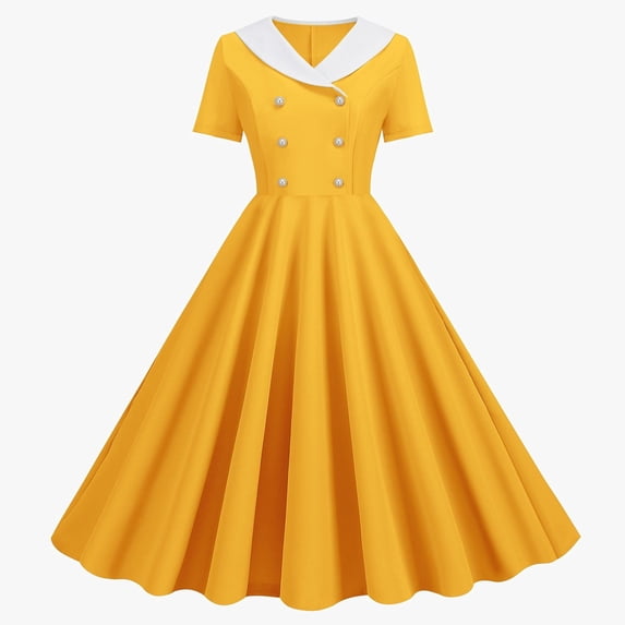 Huowey Women'S Dress Peter Pan Collar V Neck Short Sleeved Double- High Waist Ruffle Solid Color Retro A-Line Flare Skater Stylish Flowy Long Uniform Dresses,Yellow,M