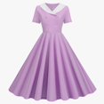 thumbnail image 1 of Huowey Women'S Dress Peter Pan Collar V Neck Short Sleeved Double- High Waist Ruffle Solid Color Retro A-Line Flare Skater Stylish Flowy Long Uniform Dresses,Purple,L, 1 of 5