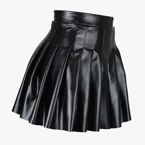 Huowey Women'S Fashion Leather Pleated Skirts High Waist Solid Color Short Skirt Ruffles Sparkly Shiny Flared Loose Skater Stylish Stretchy A Line Mini Skort,Black,L