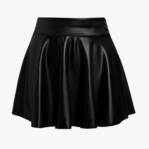 Huowey Women'S Fashion Leather Pleated Skirts High Waist Solid Color Short Skirt Ruffles Sparkly Shiny Flared Loose Skater Stylish Stretchy A Line Mini Skort,Black,L