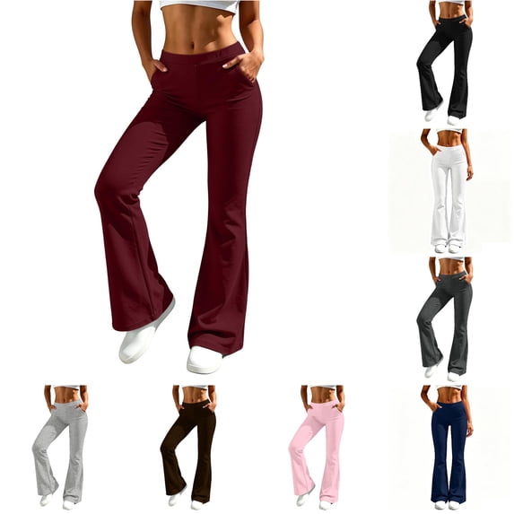Huowey Women'S Flare Yoga Pants Stretch High Waist Pants With Pocket Slim Fit Athletic Daily Stylish Trousers,Wine,XXL